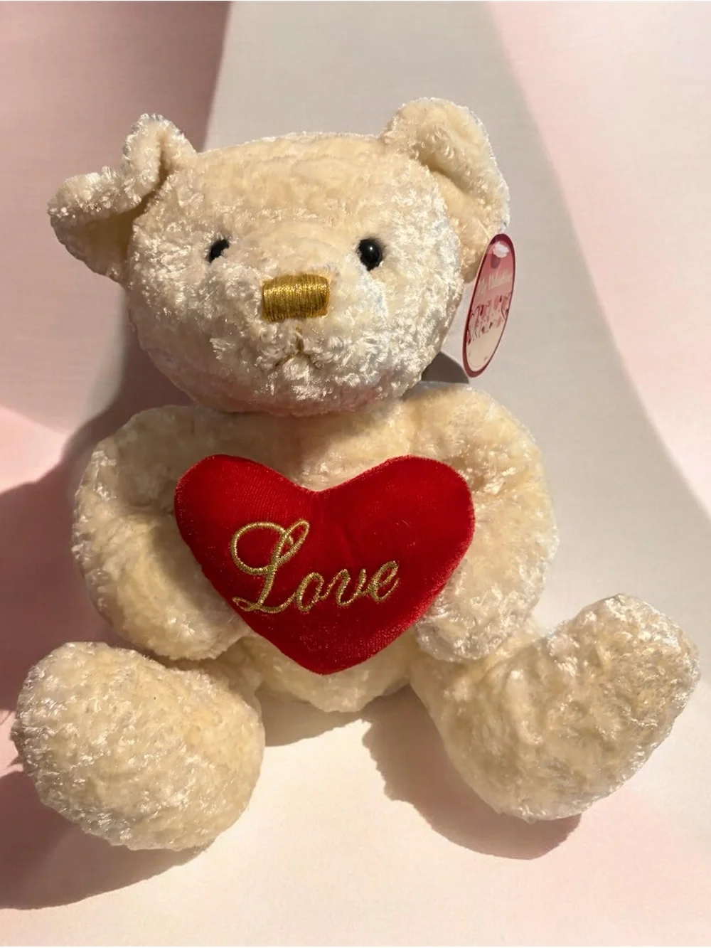 Cream Teddy Bear Plush with Red 'Love' Heart - Soft Gift